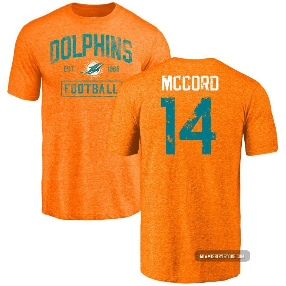 Youth Kyle McCord Miami Dolphins ＃14 Orange Distressed Name & Number Tri-Blend T-Shirt