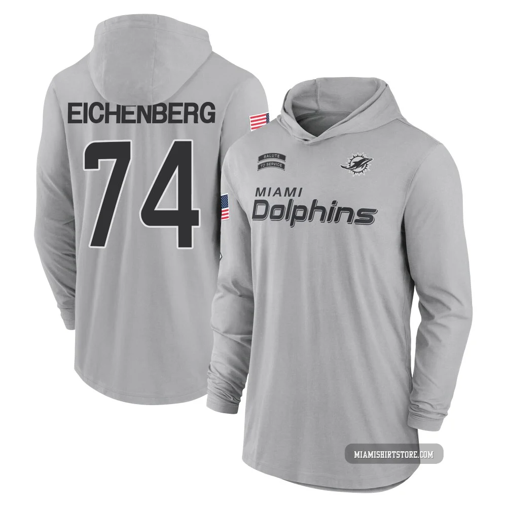 Youth Liam Eichenberg Miami Dolphins ＃74 Gray 2024 Salute to Service Lightweight Performance Long Sleeve Hooded T-Shirt