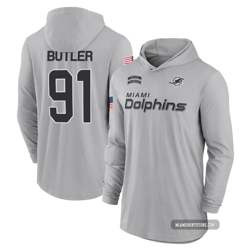 Youth Matthew Butler Miami Dolphins ＃91 Gray 2024 Salute to Service Lightweight Performance Long Sleeve Hooded T-Shirt