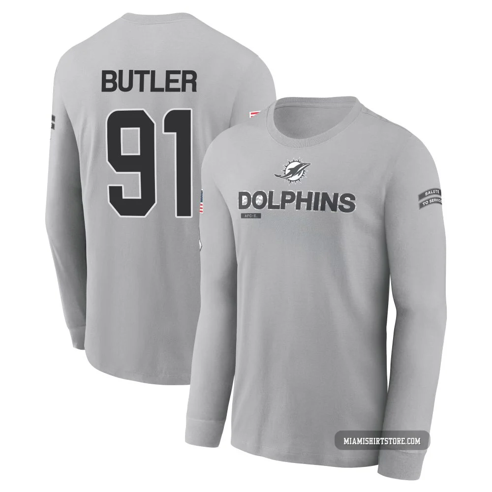 Youth Matthew Butler Miami Dolphins ＃91 Gray 2024 Salute to Service Long Sleeve T-Shirt