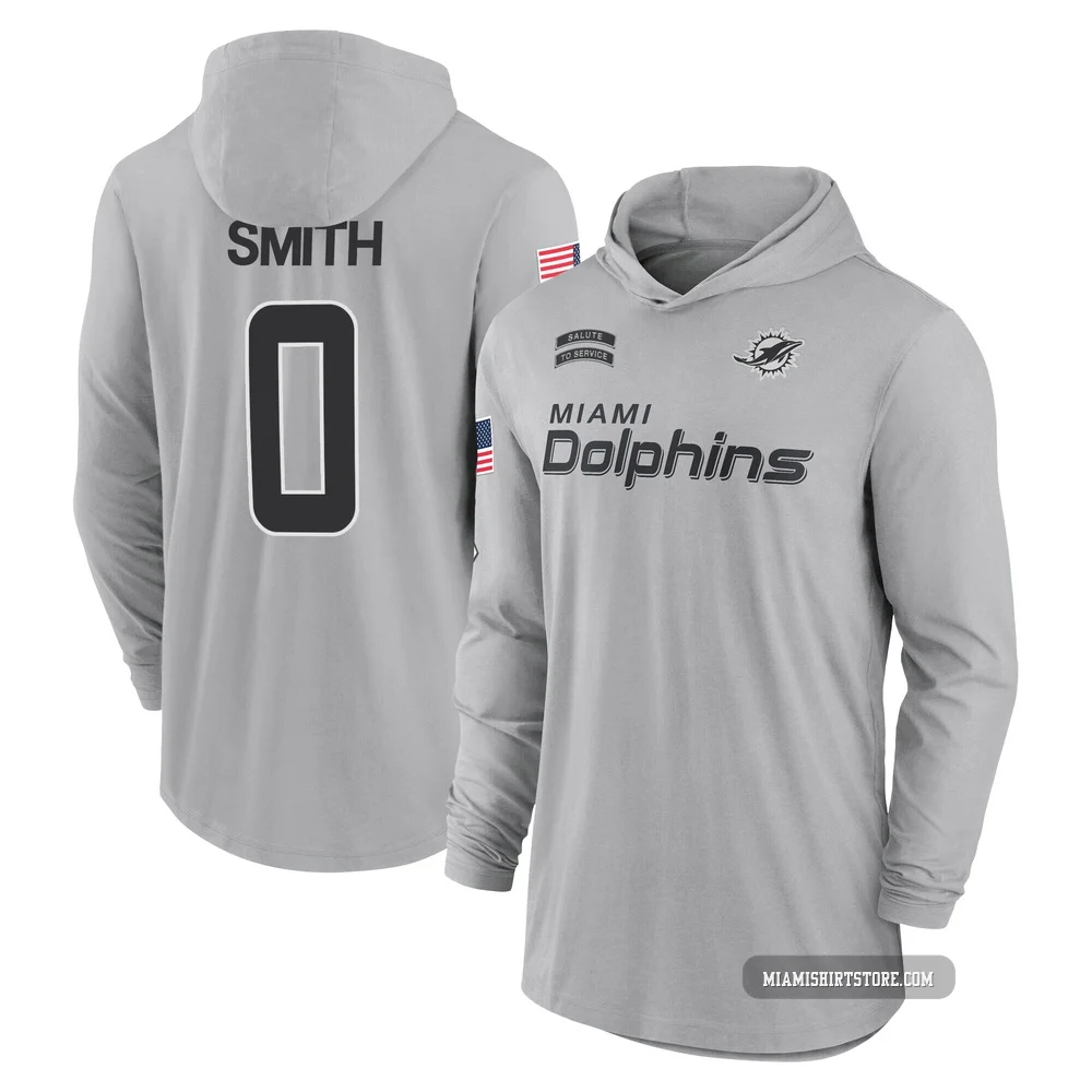 Youth Mazi Smith Miami Dolphins ＃0 Gray 2024 Salute to Service Lightweight Performance Long Sleeve Hooded T-Shirt