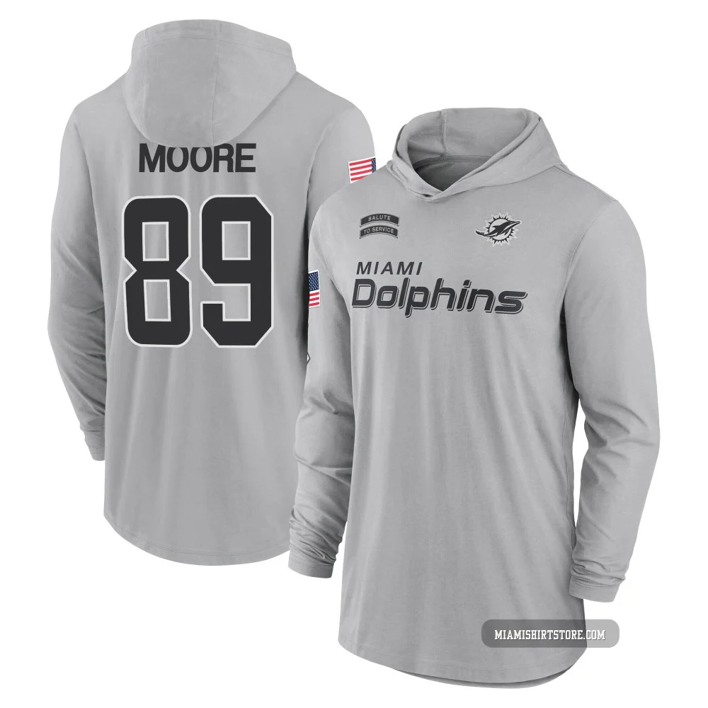 Youth Nat Moore Miami Dolphins ＃89 Gray 2024 Salute to Service Lightweight Performance Long Sleeve Hooded T-Shirt