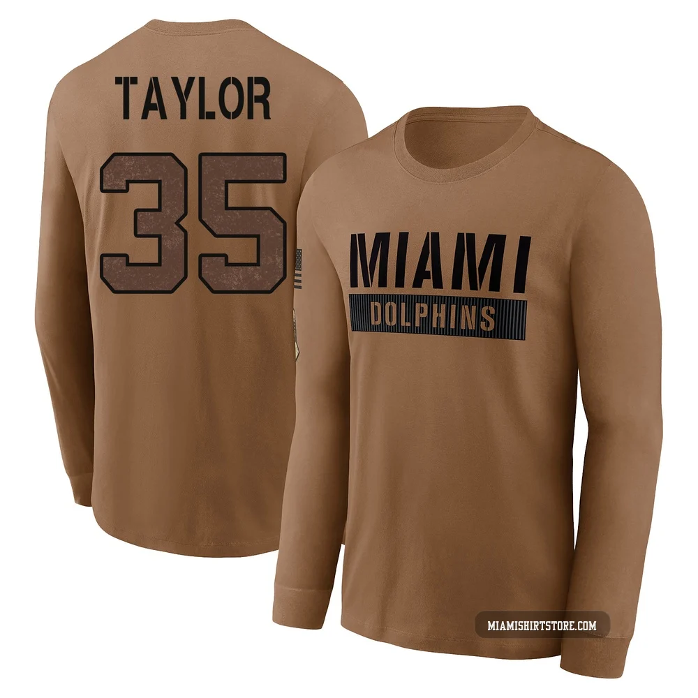 Youth Reese Taylor Miami Dolphins ＃35 Brown 2023 Salute To Service Long Sleeve T-Shirt