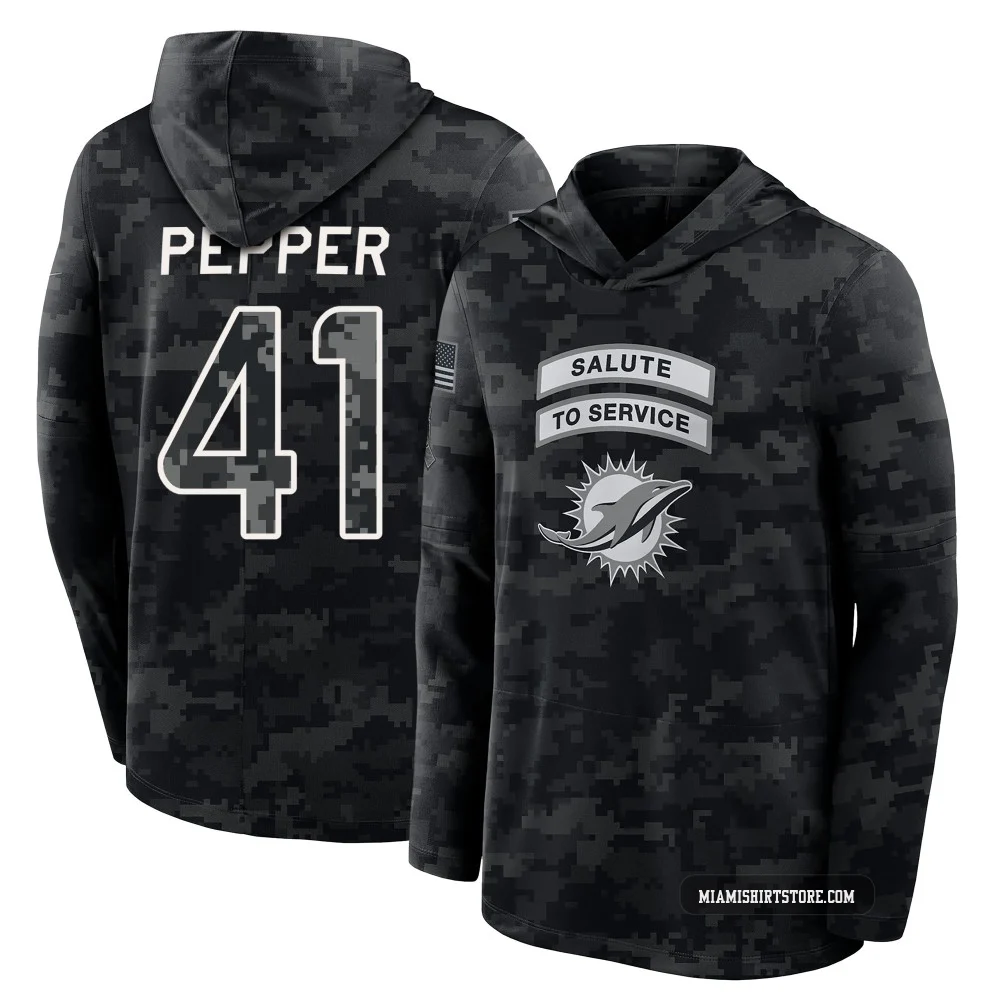 Youth Taybor Pepper Miami Dolphins ＃41 Black 2026 Salute to Service Sideline Lightweight Hooded Long Sleeve T-Shirt
