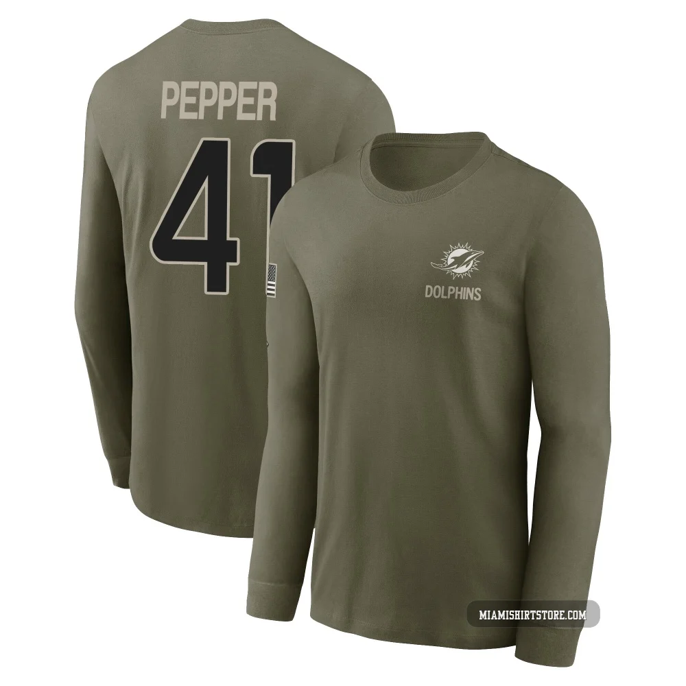 Youth Taybor Pepper Miami Dolphins ＃41 Olive 2025 Salute to Service Sideline Long Sleeve T-Shirt