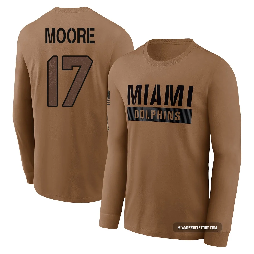 Youth Trey Moore Miami Dolphins ＃17 Brown 2023 Salute To Service Long Sleeve T-Shirt