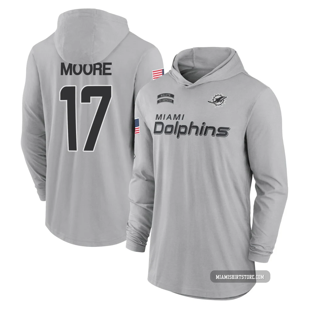 Youth Trey Moore Miami Dolphins ＃17 Gray 2024 Salute to Service Lightweight Performance Long Sleeve Hooded T-Shirt