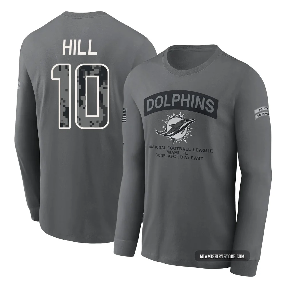 Youth Tyreek Hill Miami Dolphins ＃10 Gray 2026 Salute to Service Long Sleeve T-Shirt