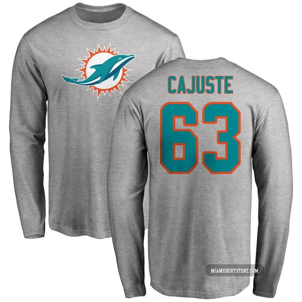 Youth Yodny Cajuste Miami Dolphins ＃63 Pro Line Name & Number Logo Long Sleeve T-Shirt - Ash
