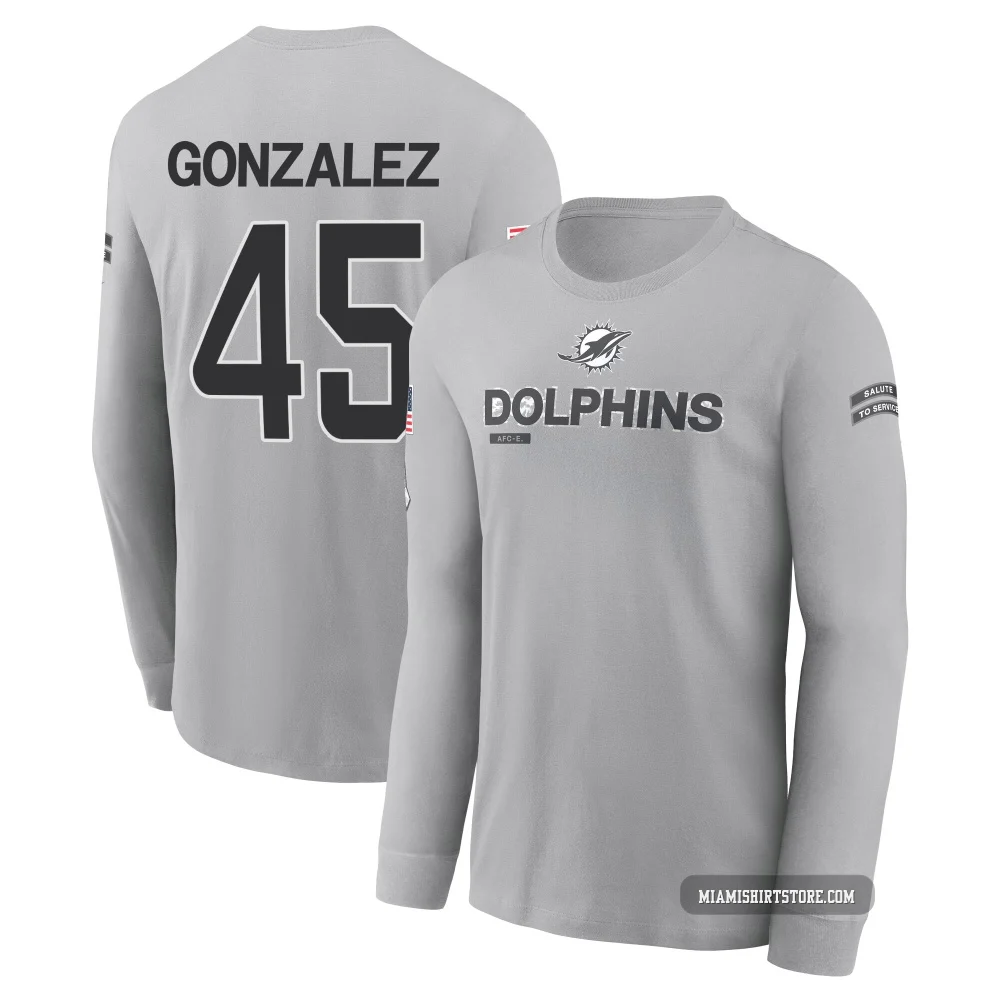 Youth Zane Gonzalez Miami Dolphins ＃45 Gray 2024 Salute to Service Long Sleeve T-Shirt