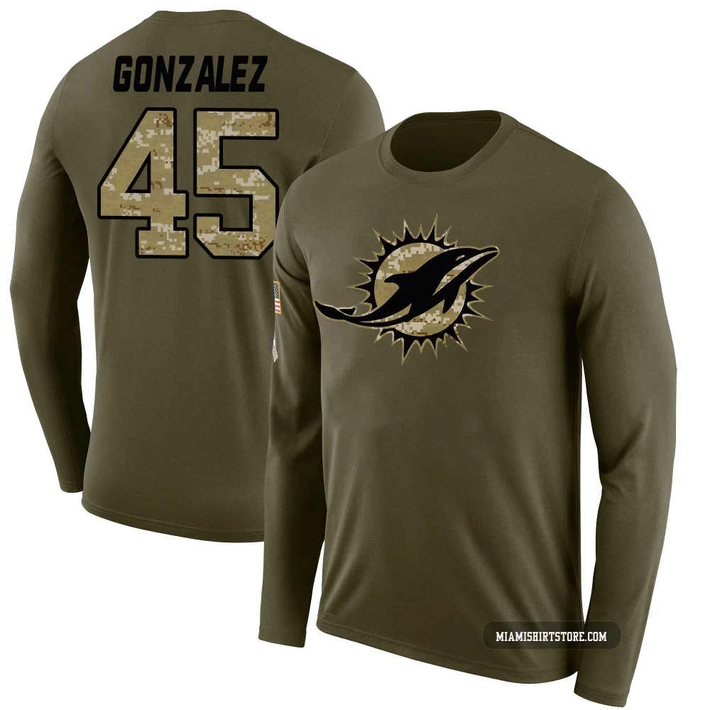Youth Zane Gonzalez Miami Dolphins ＃45 Legend Olive Salute to Service Sideline Long Sleeve T-Shirt