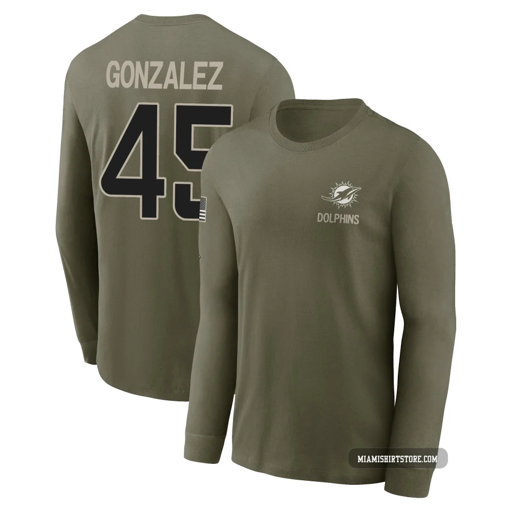 Youth Zane Gonzalez Miami Dolphins ＃45 Olive 2025 Salute to Service Sideline Long Sleeve T-Shirt